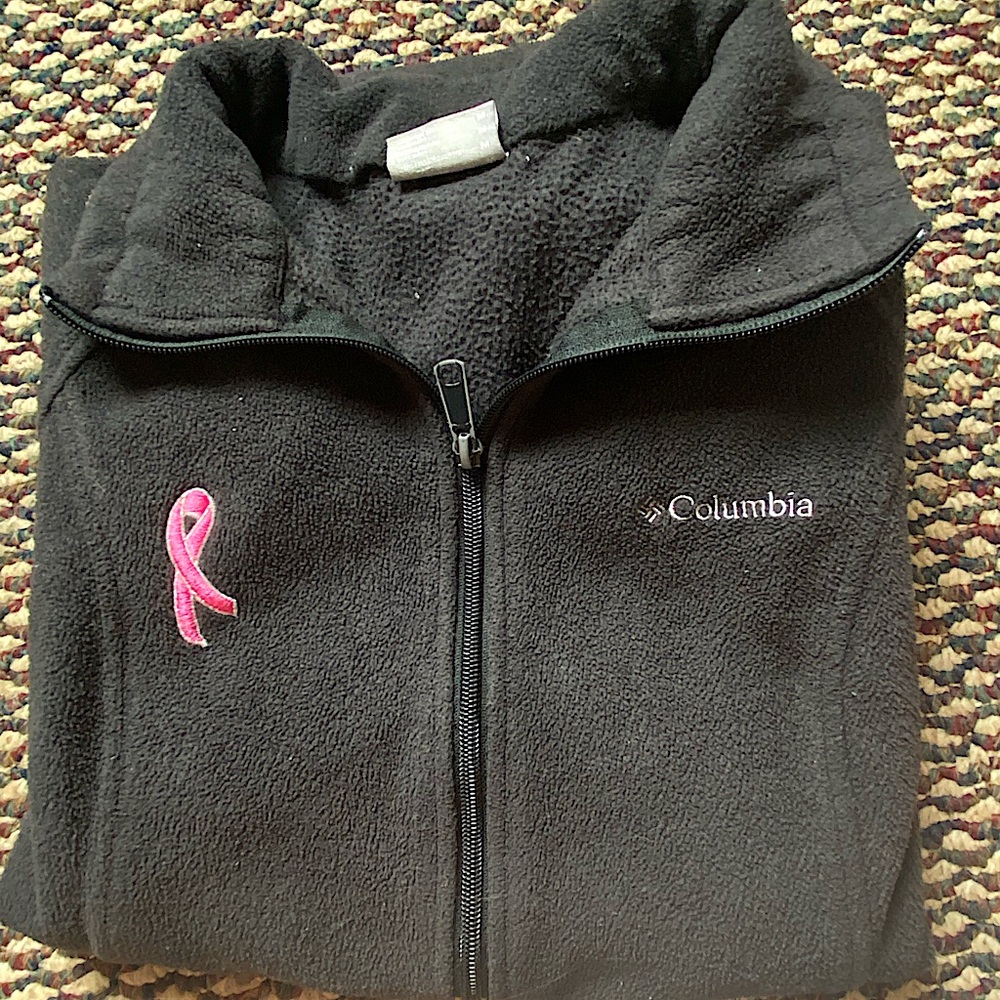 Black Columbia Fleece Jacket. Breast Cancer Symbol. Size Medium